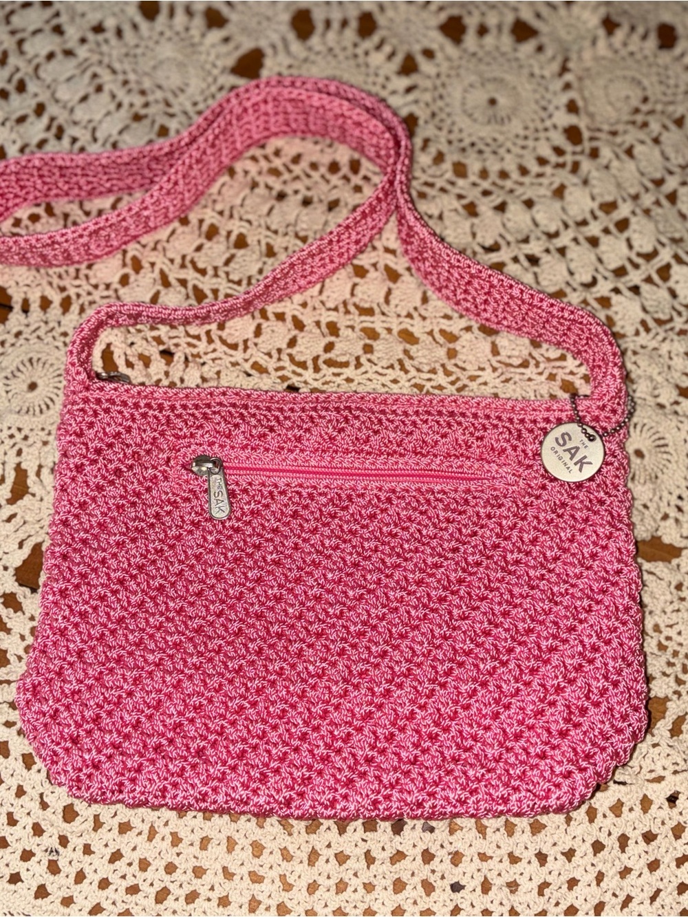 Like New The Sak Pink Crochet Crossbody Purse